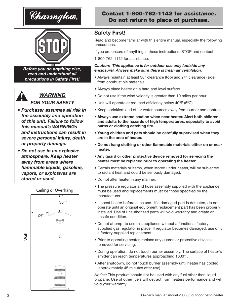 Safety first, Warning | Blue Rhino Charmglow 200605 User Manual | Page 4 / 44