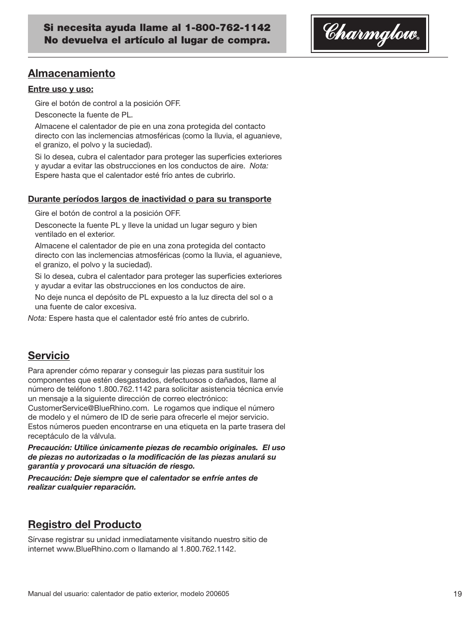 Almacenamiento, Servicio, Registro del producto | Blue Rhino Charmglow 200605 User Manual | Page 41 / 44