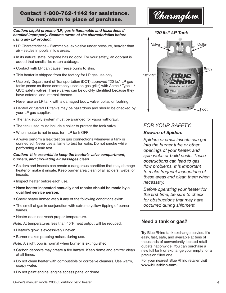 For your safety, Need a tank or gas | Blue Rhino Charmglow 200605 User Manual | Page 5 / 44