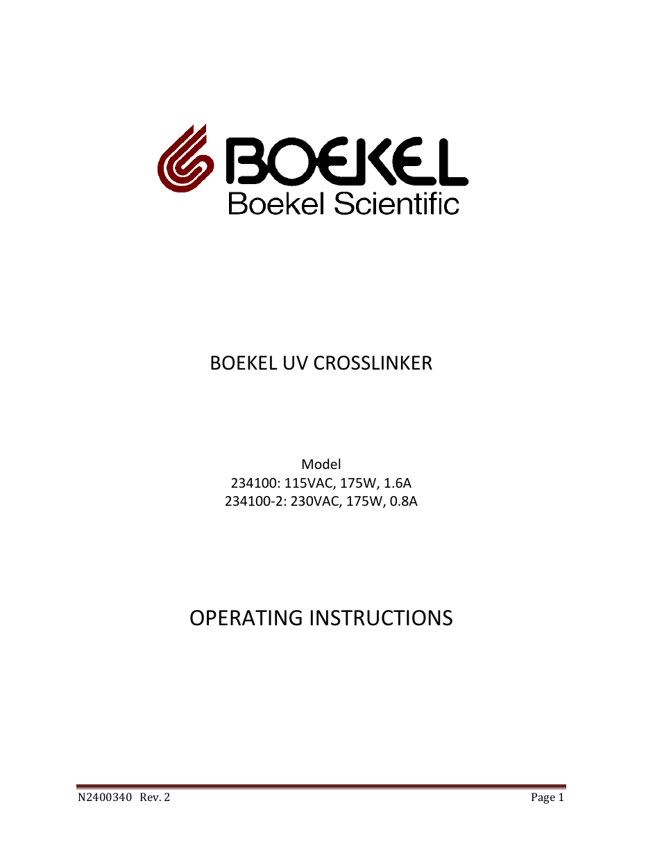 Boekel Scientific 234100-2 UV Crosslinker AH User Manual | 13 pages