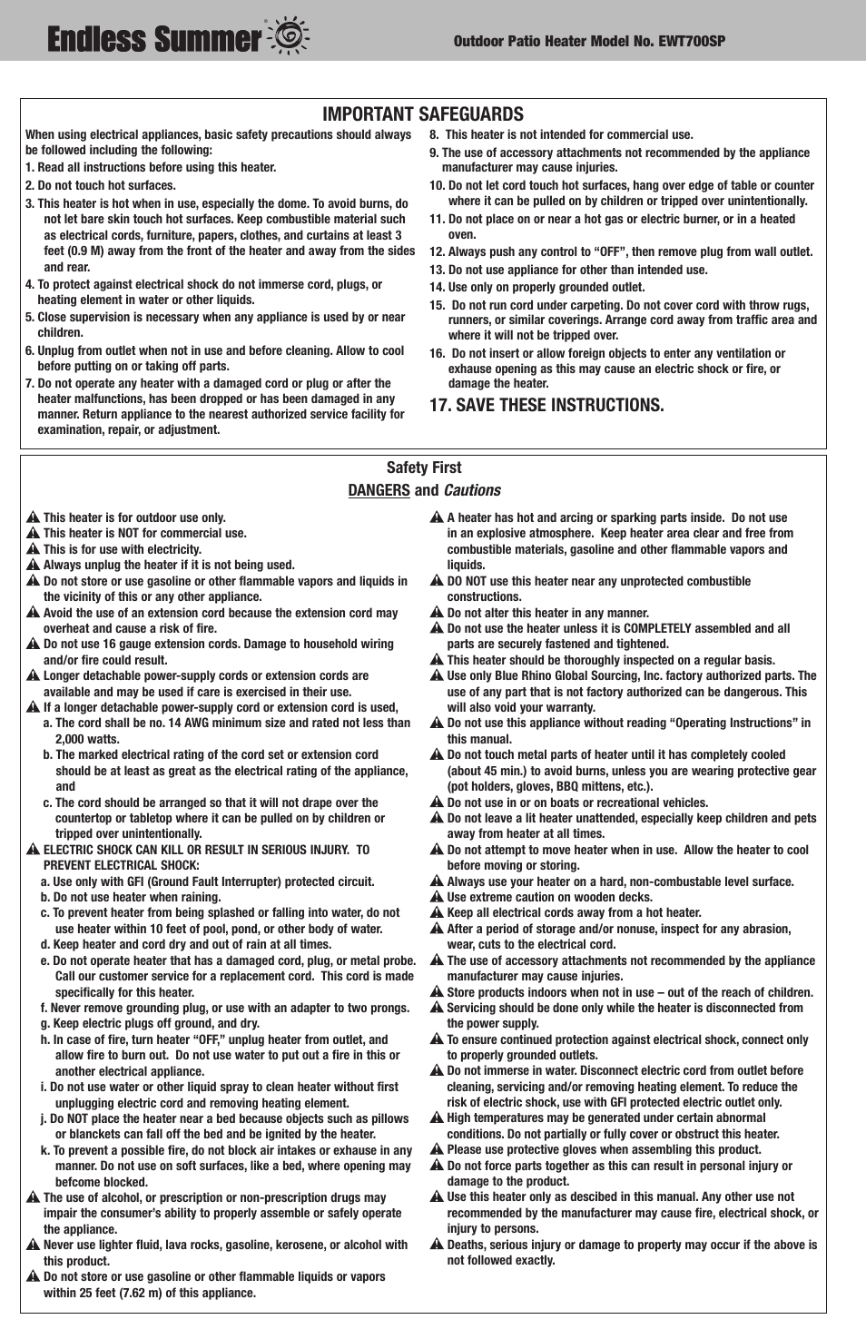 Important safeguards, Save these instructions, Safety first dangers and cautions | Blue Rhino EWT700SP User Manual | Page 2 / 8