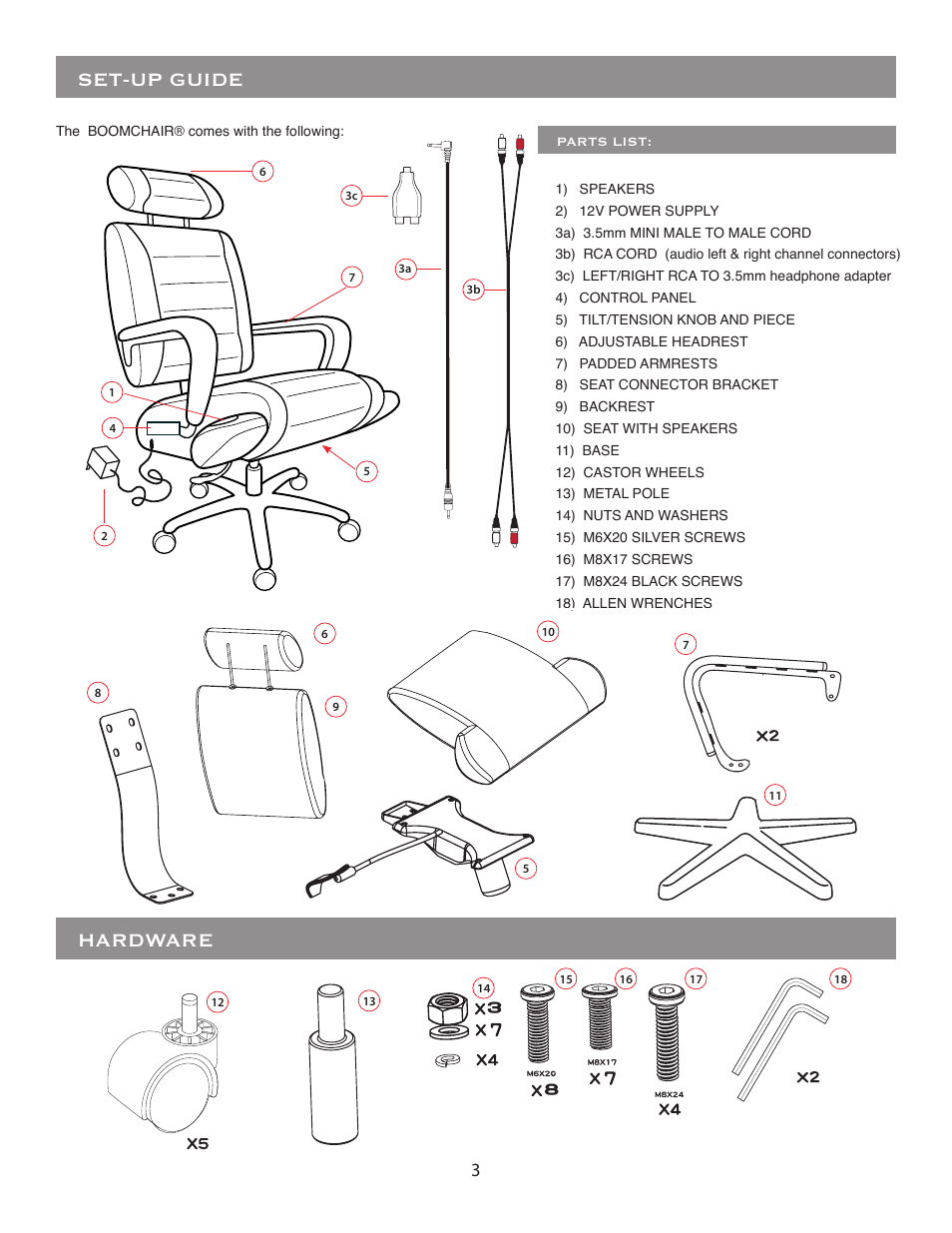 Set-up guide, Hardware | BoomChair Admiral User Manual | Page 3 / 6