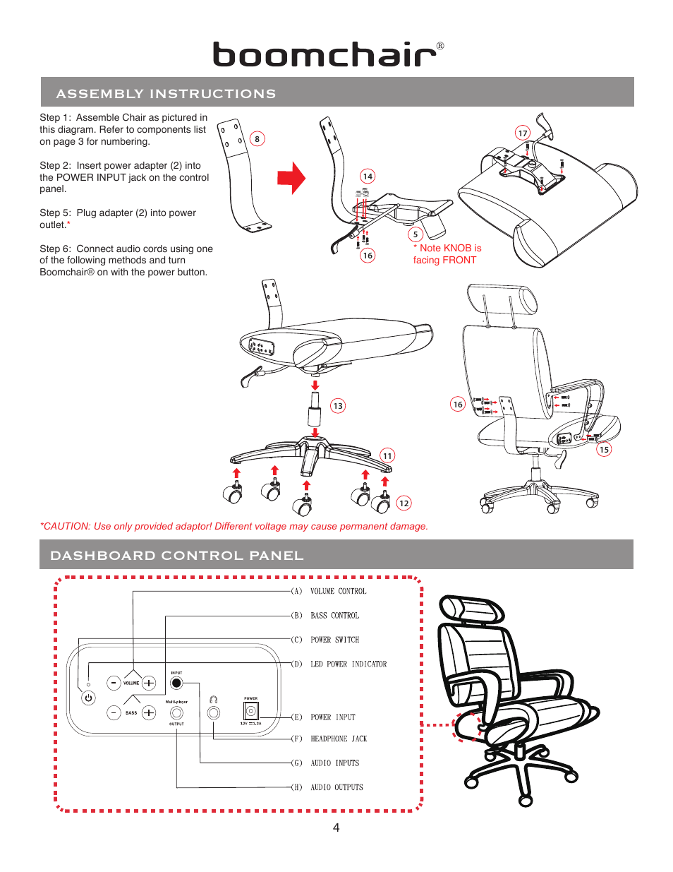 Assembly instructions, Dashboard control panel | BoomChair Admiral User Manual | Page 4 / 6