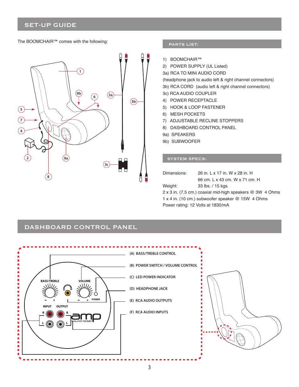 Set-up guide, Dashboard control panel | BoomChair AMP User Manual | Page 3 / 8