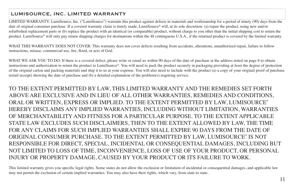 Lumisource, inc. limited warranty 11 | BoomChair B42 User Manual | Page 11 / 12