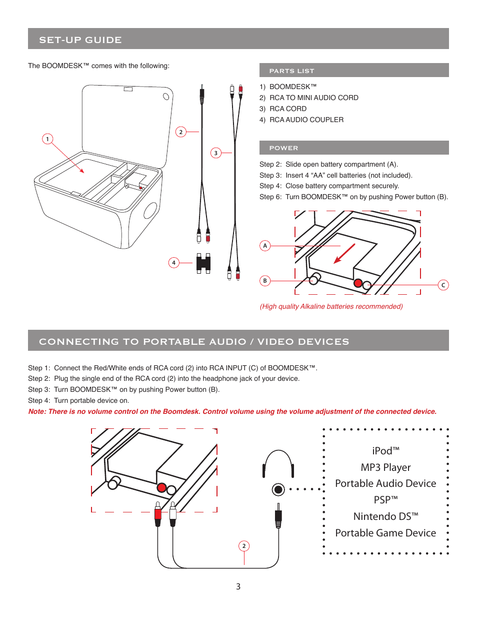 Set-up guide, Connecting to portable audio / video devices | BoomChair BoomDesk User Manual | Page 3 / 4