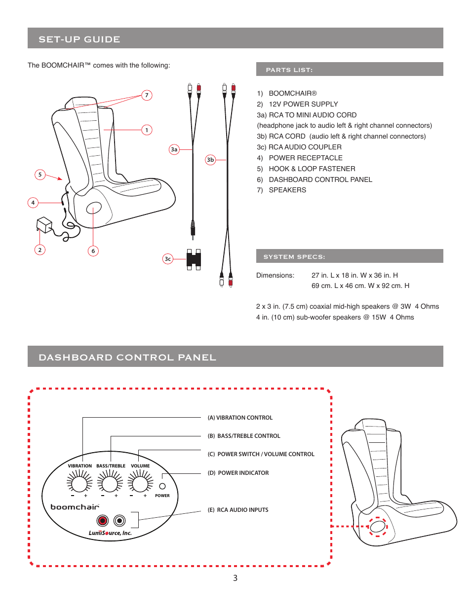 Set-up guide, Dashboard control panel | BoomChair Bot - Vibration User Manual | Page 3 / 8