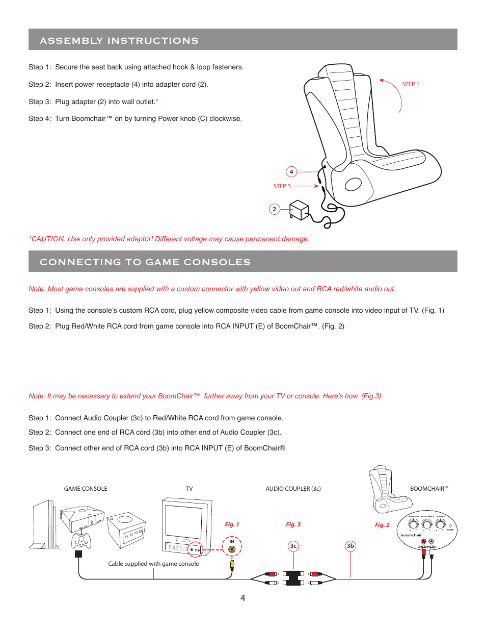 Connecting to game consoles, Assembly instructions | BoomChair Bot - Vibration User Manual | Page 4 / 8