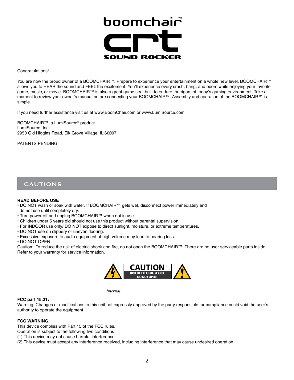 Cautions | BoomChair CRT User Manual | Page 2 / 8