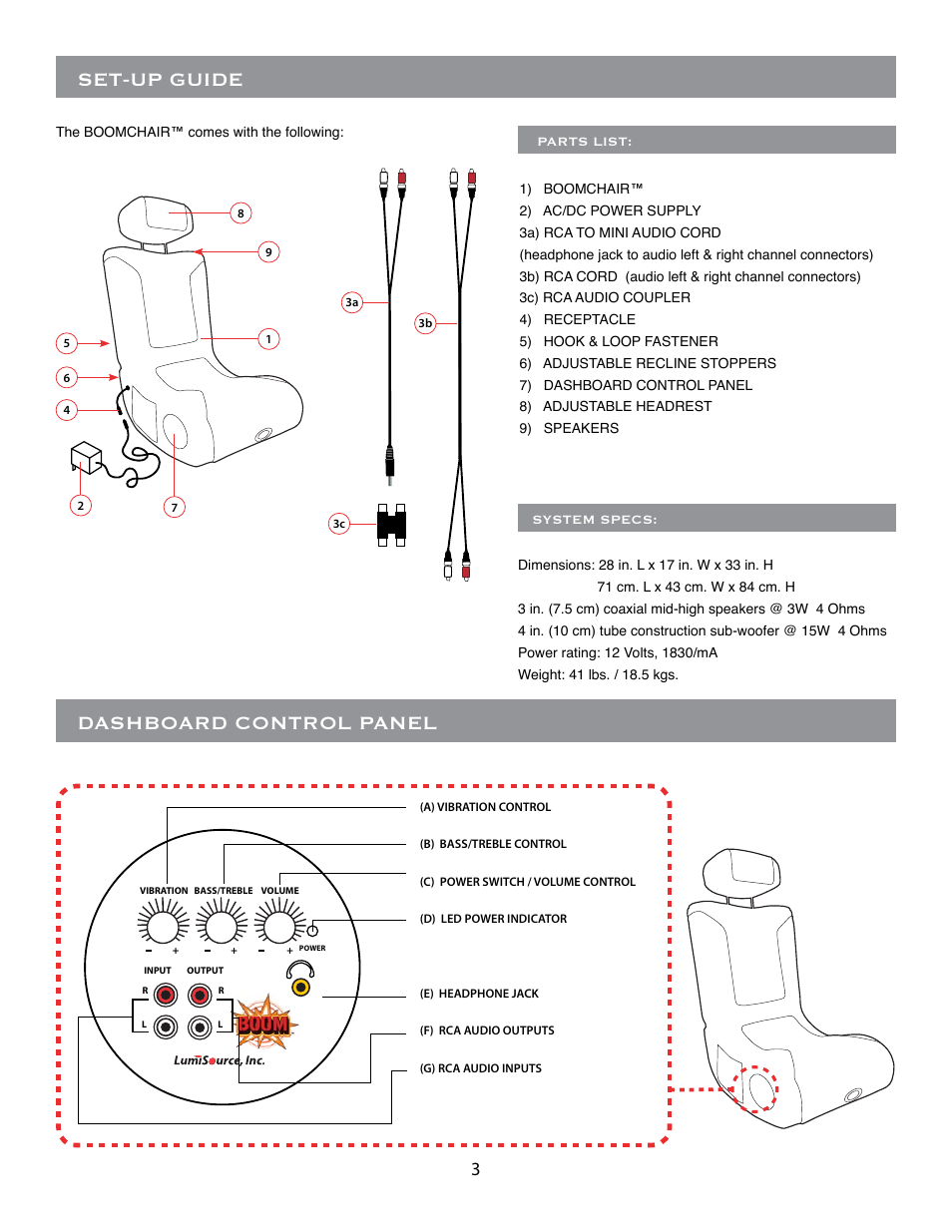 Set-up guide, Dashboard control panel | BoomChair CRT User Manual | Page 3 / 8