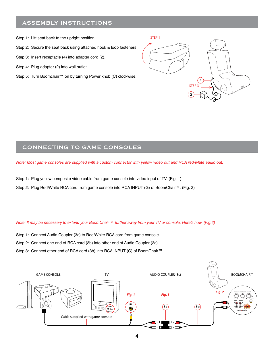 Connecting to game consoles, Assembly instructions | BoomChair CRT User Manual | Page 4 / 8