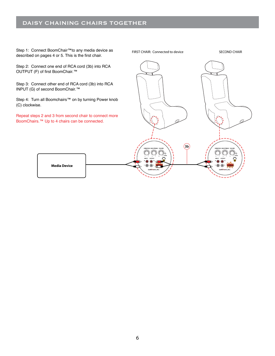 Daisy chaining chairs together, Second chair, 3b first chair: connected to device media device | BoomChair CRT User Manual | Page 6 / 8