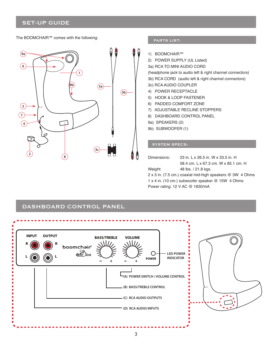 Set-up guide, Dashboard control panel | BoomChair Diva User Manual | Page 3 / 8