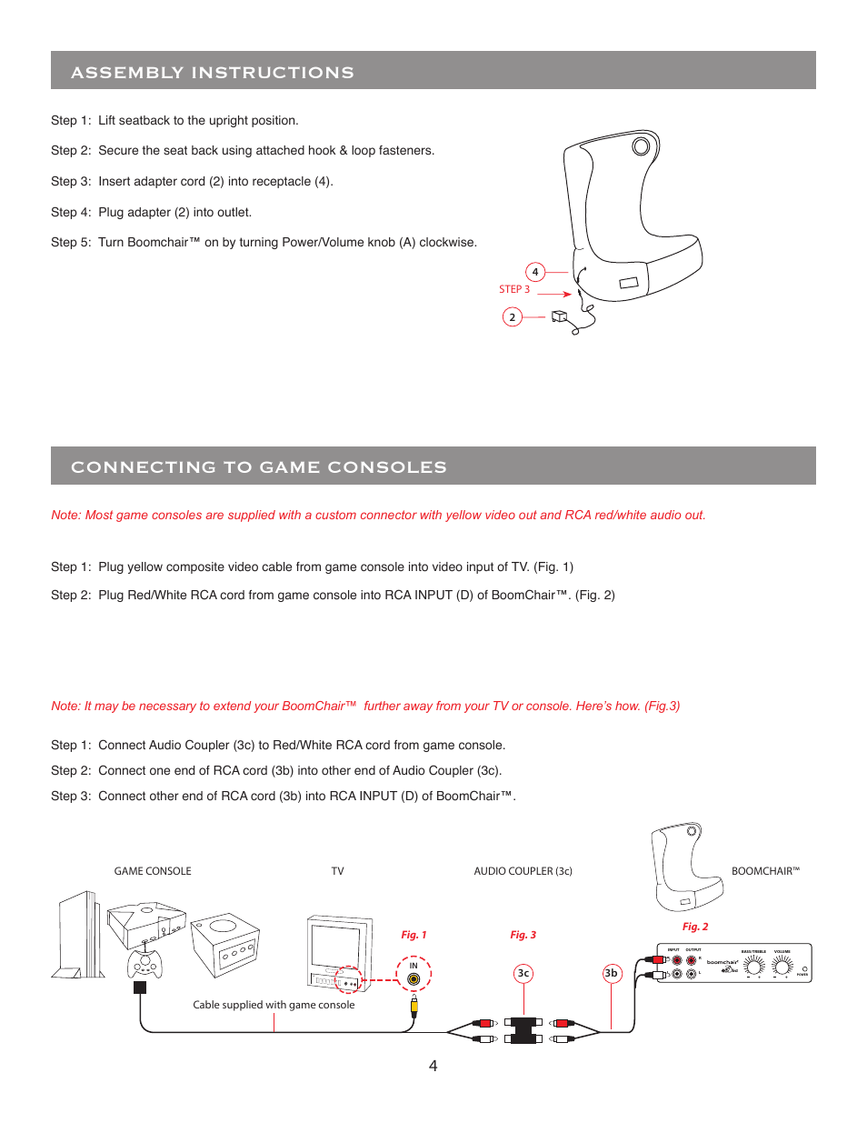 Connecting to game consoles, Assembly instructions | BoomChair Diva User Manual | Page 4 / 8