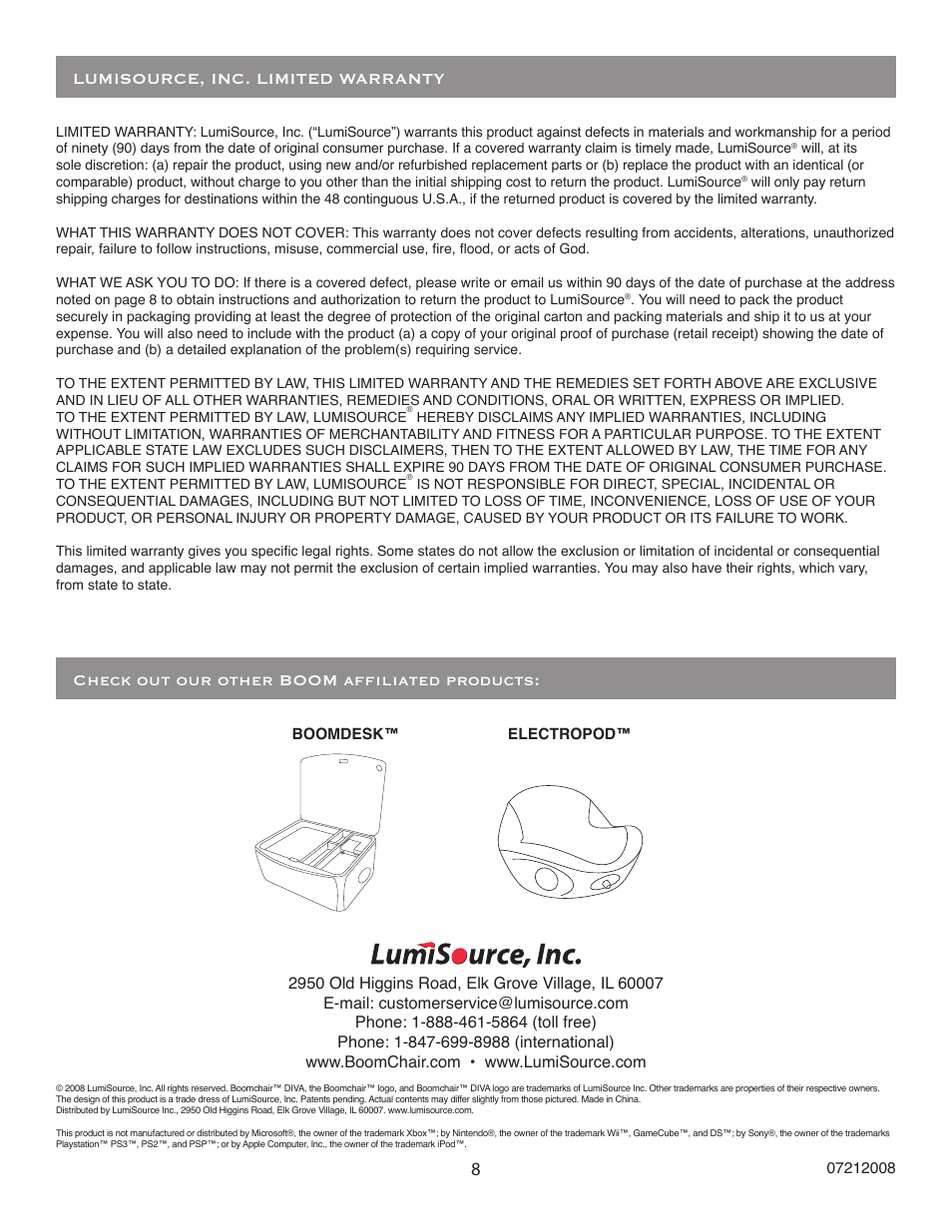 8check out our other boom affiliated products, Lumisource, inc. limited warranty | BoomChair Diva User Manual | Page 8 / 8