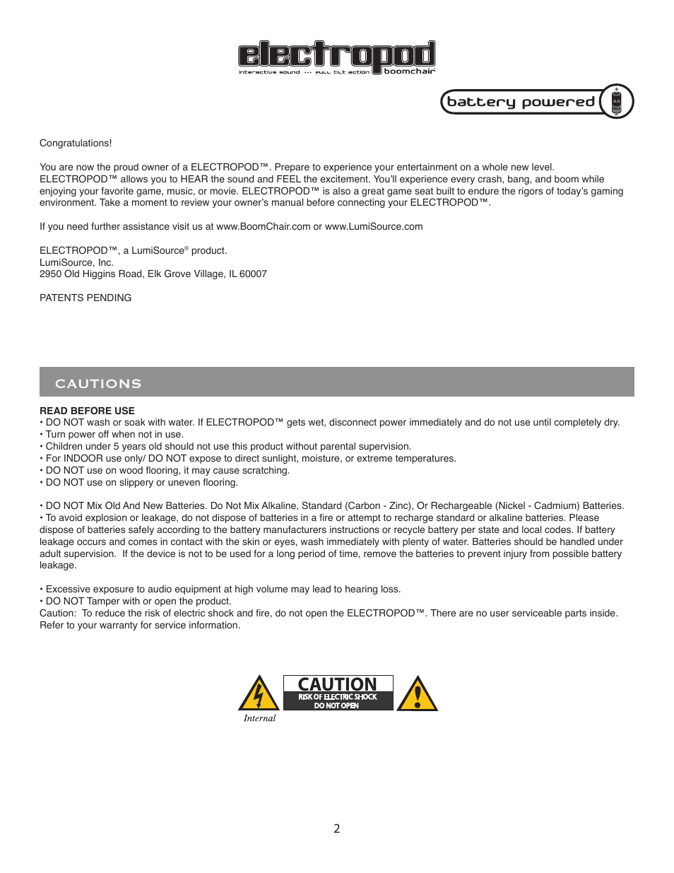 Cautions | BoomChair ElectroPod User Manual | Page 2 / 8