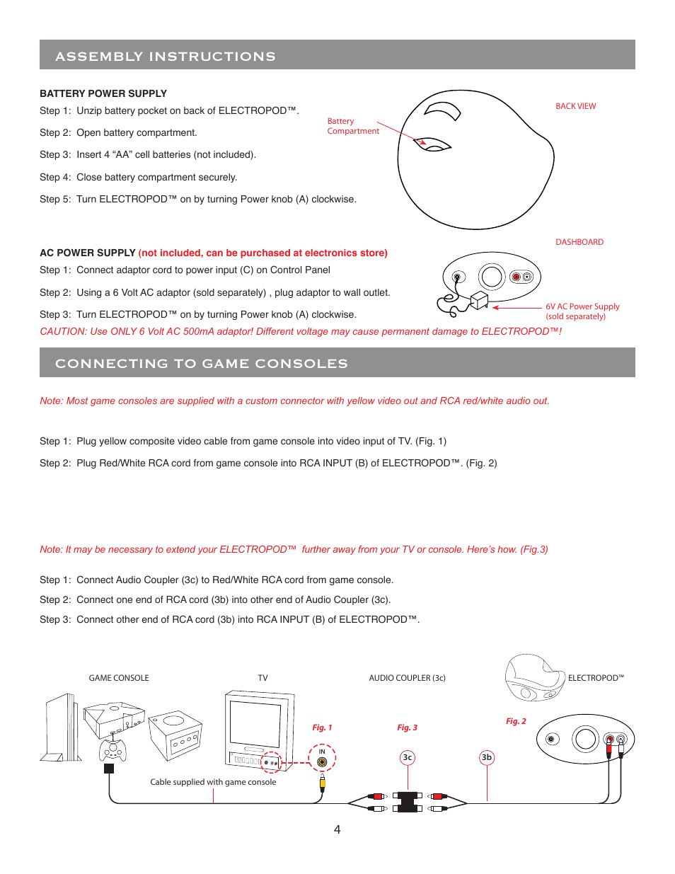 Connecting to game consoles, Assembly instructions | BoomChair ElectroPod User Manual | Page 4 / 8