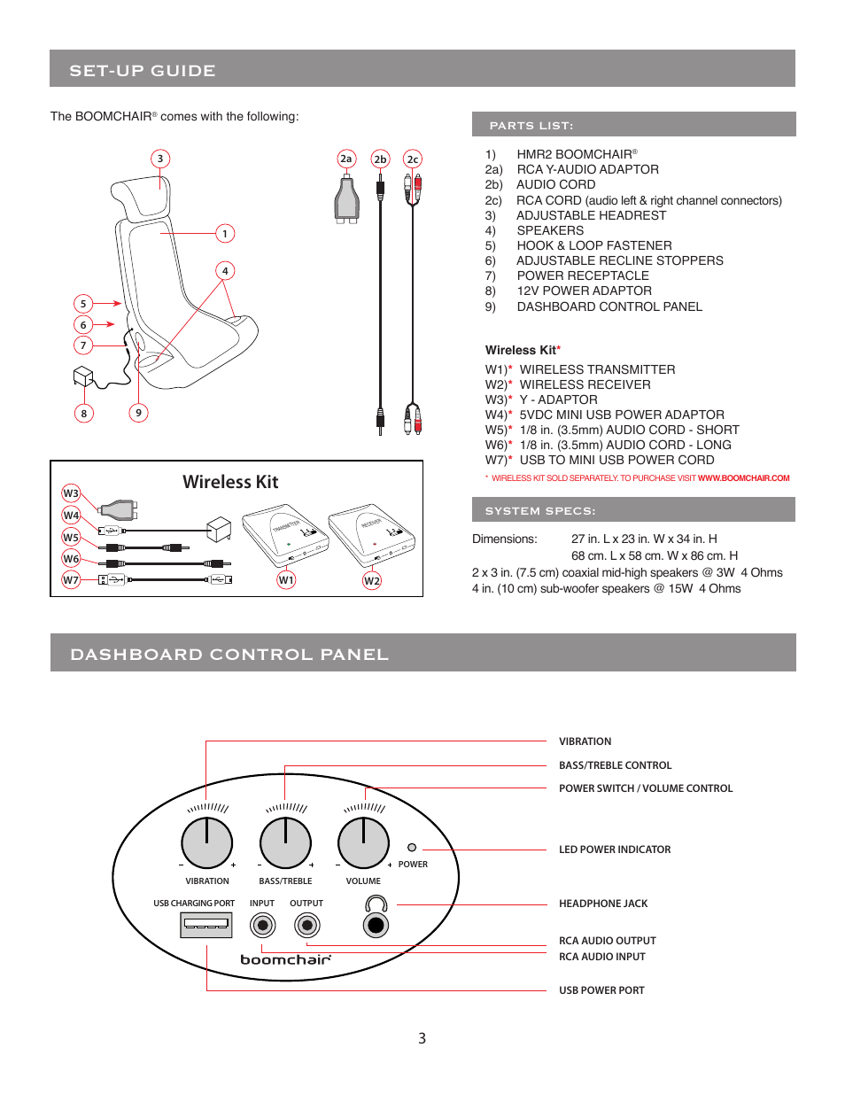 Set-up guide dashboard control panel, Wireless kit | BoomChair HMR2 User Manual | Page 3 / 8