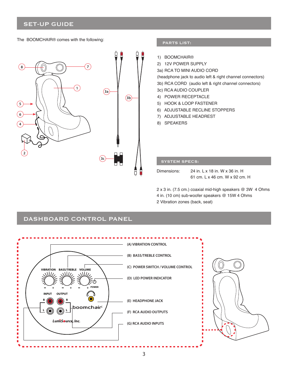 Set-up guide, Dashboard control panel | BoomChair Pulse - 1st Generation BoomChair - Standard User Manual | Page 3 / 8
