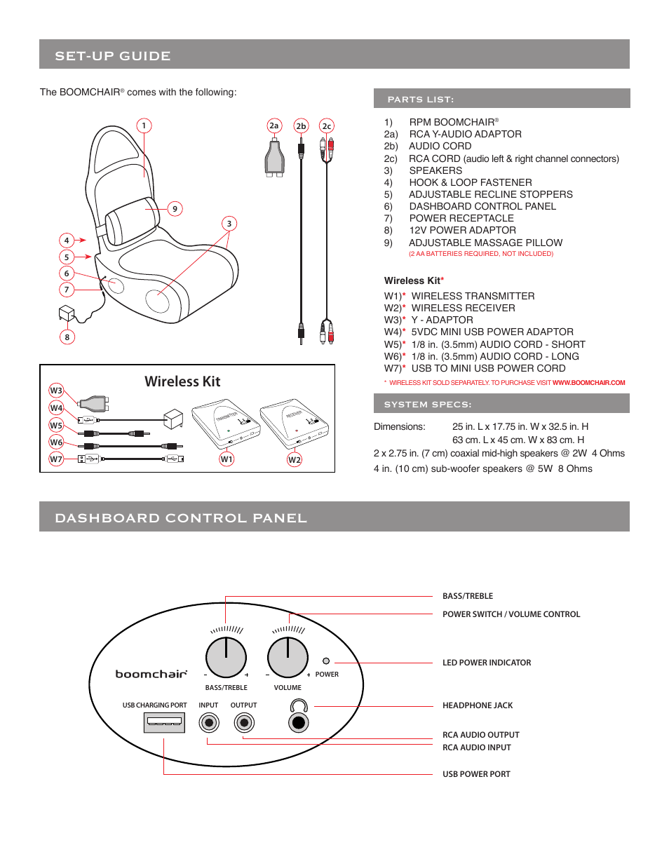 Set-up guide dashboard control panel, Wireless kit | BoomChair RPM User Manual | Page 3 / 8
