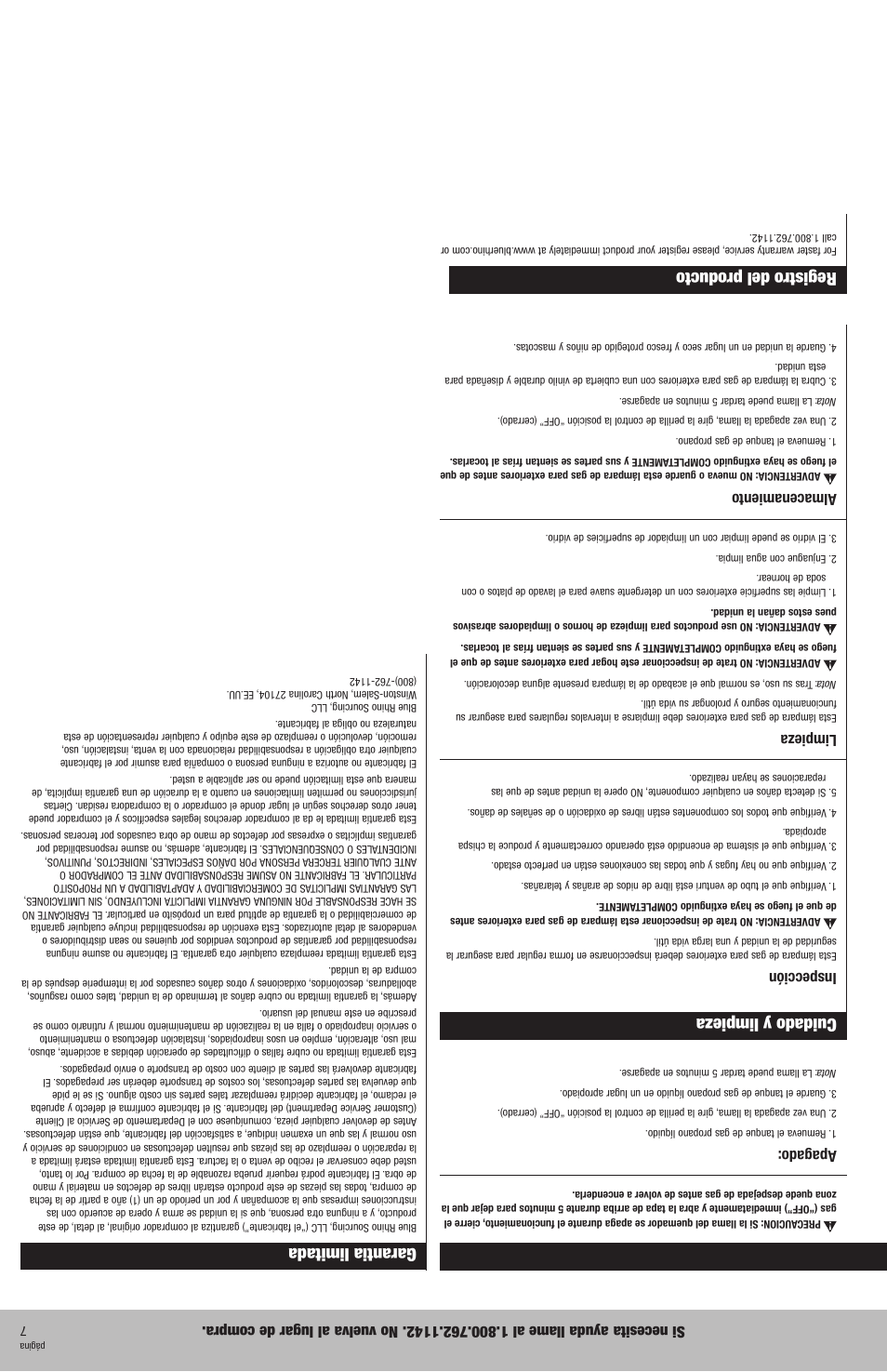 Cuidado y limpieza, Registro del producto, Instrucciones de operación garantia limitada | Apagado, Inspección, Limpieza, Almacenamiento | Blue Rhino GTL702W User Manual | Page 10 / 16