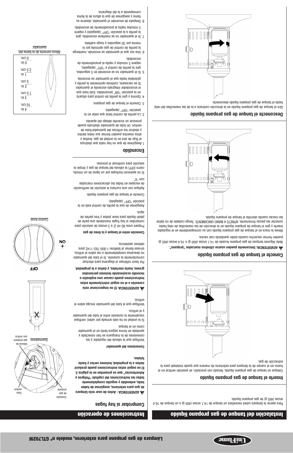 Instalación del tanque de gas propano líquido, Instrucciones de operación, Inserte el tanque de gas propano líquido | Conecte el tanque de gas propano líquido, Desconecte el tanque de gas propano líquido, Comprobar si hay fugas, Encendido | Blue Rhino GTL702W User Manual | Page 11 / 16