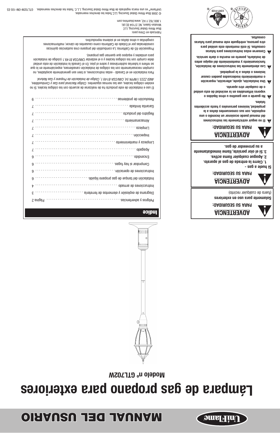 Lámpara de gas propano para exteriores, Manual del usuario, Modelo nº gtl702w | Advertencia, Indice | Blue Rhino GTL702W User Manual | Page 16 / 16