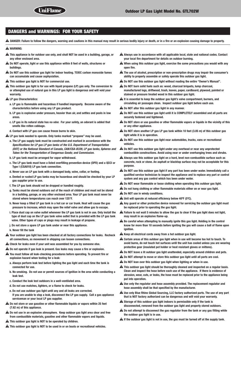 Dangers and warnings: for your safety | Blue Rhino GTL702W User Manual | Page 2 / 16
