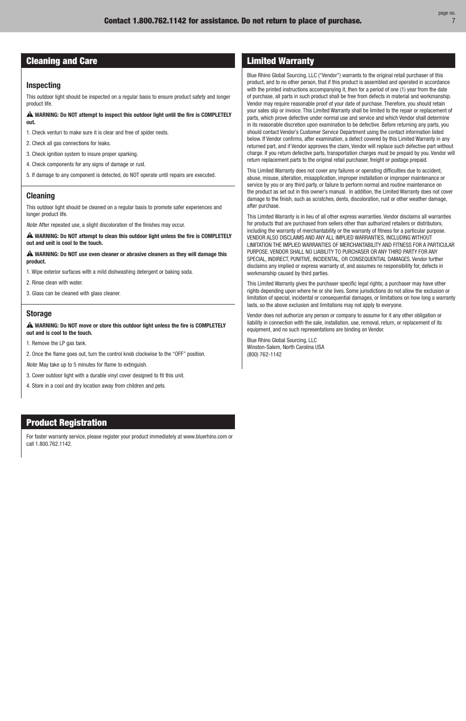 Cleaning and care, Product registration, Limited warranty | Blue Rhino GTL702W User Manual | Page 7 / 16