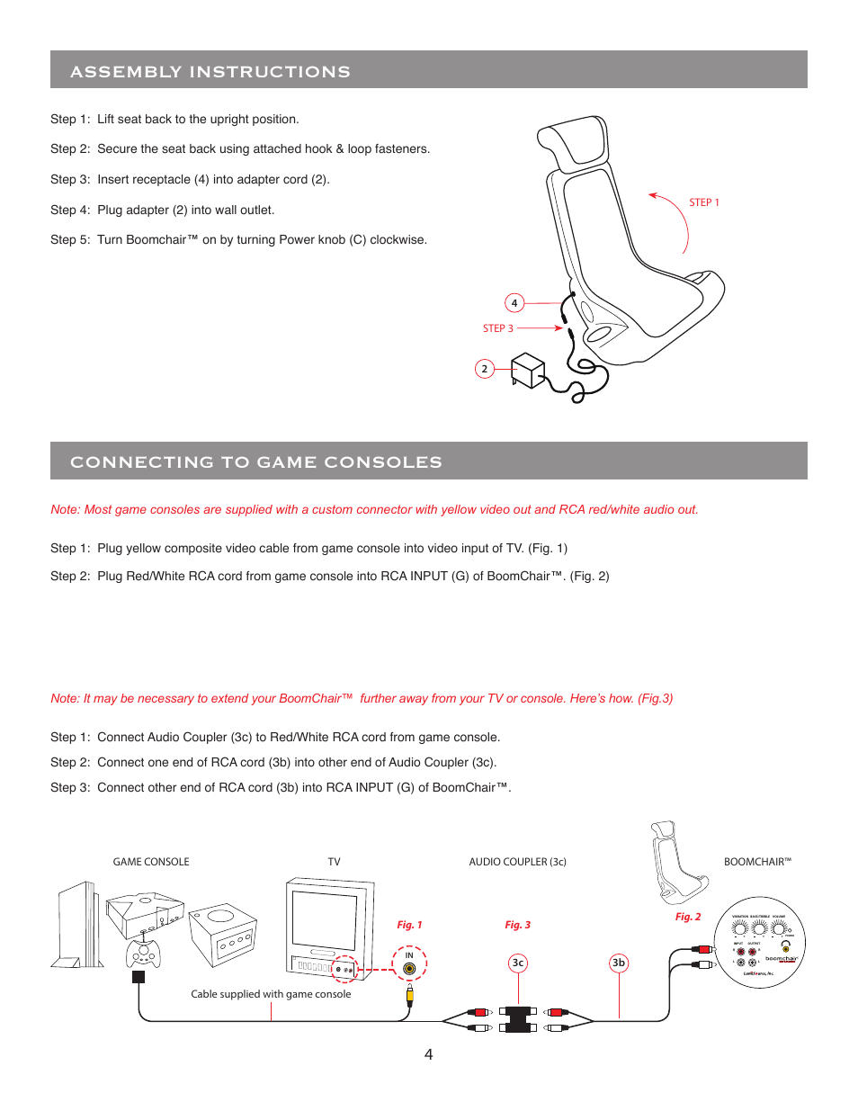 Connecting to game consoles, Assembly instructions | BoomChair Shark User Manual | Page 4 / 8