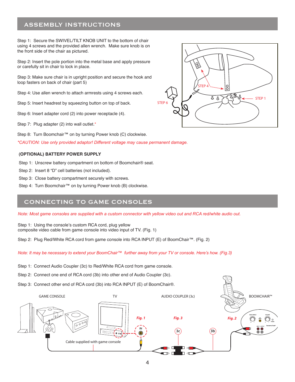 Assembly instructions, Connecting to game consoles | BoomChair Stealth - 1st Generation - Standard User Manual | Page 4 / 8