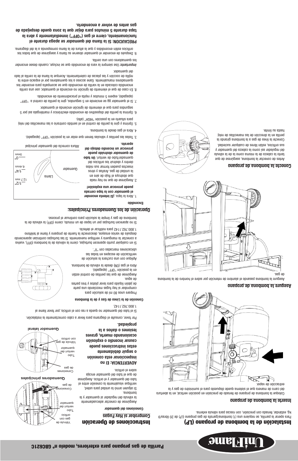 Instrucciones de operación, Instalación de la bombona de propano (lp) | Blue Rhino UniFlame GBC621C User Manual | Page 13 / 18