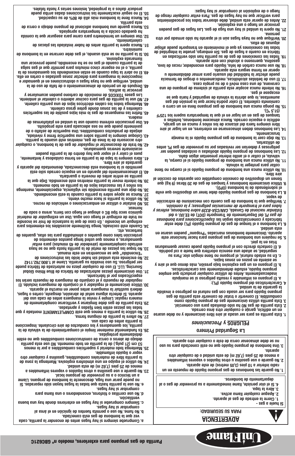 Advertencia, La seguridad primero peligros y precauciones | Blue Rhino UniFlame GBC621C User Manual | Page 17 / 18