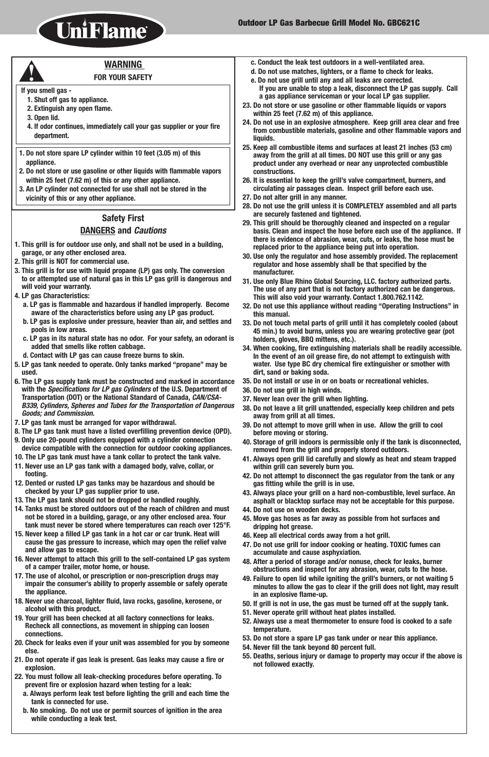 Warning, Safety first dangers and cautions | Blue Rhino UniFlame GBC621C User Manual | Page 2 / 18