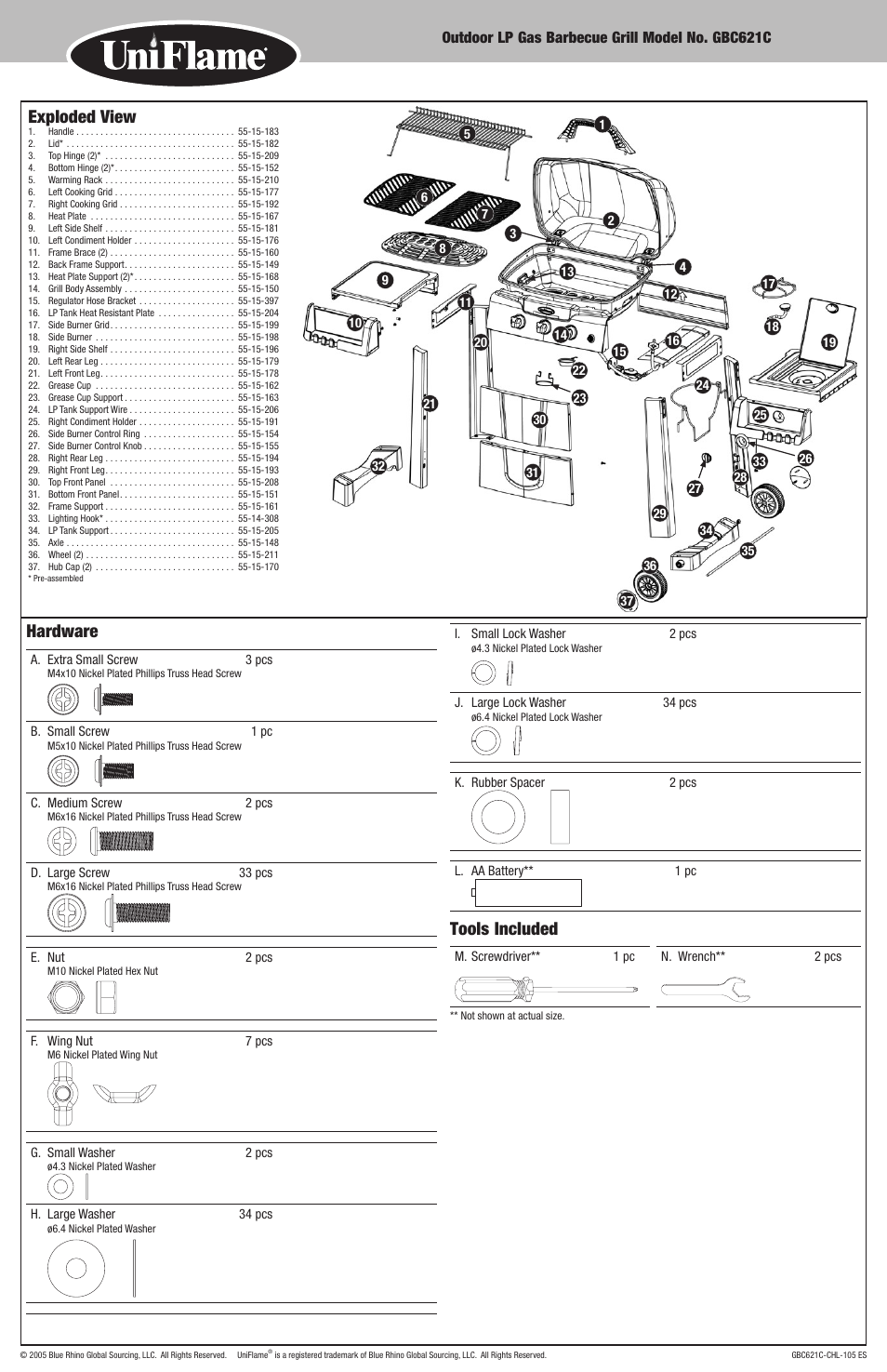 Hardware, Tools included, Exploded view | Blue Rhino UniFlame GBC621C User Manual | Page 9 / 18