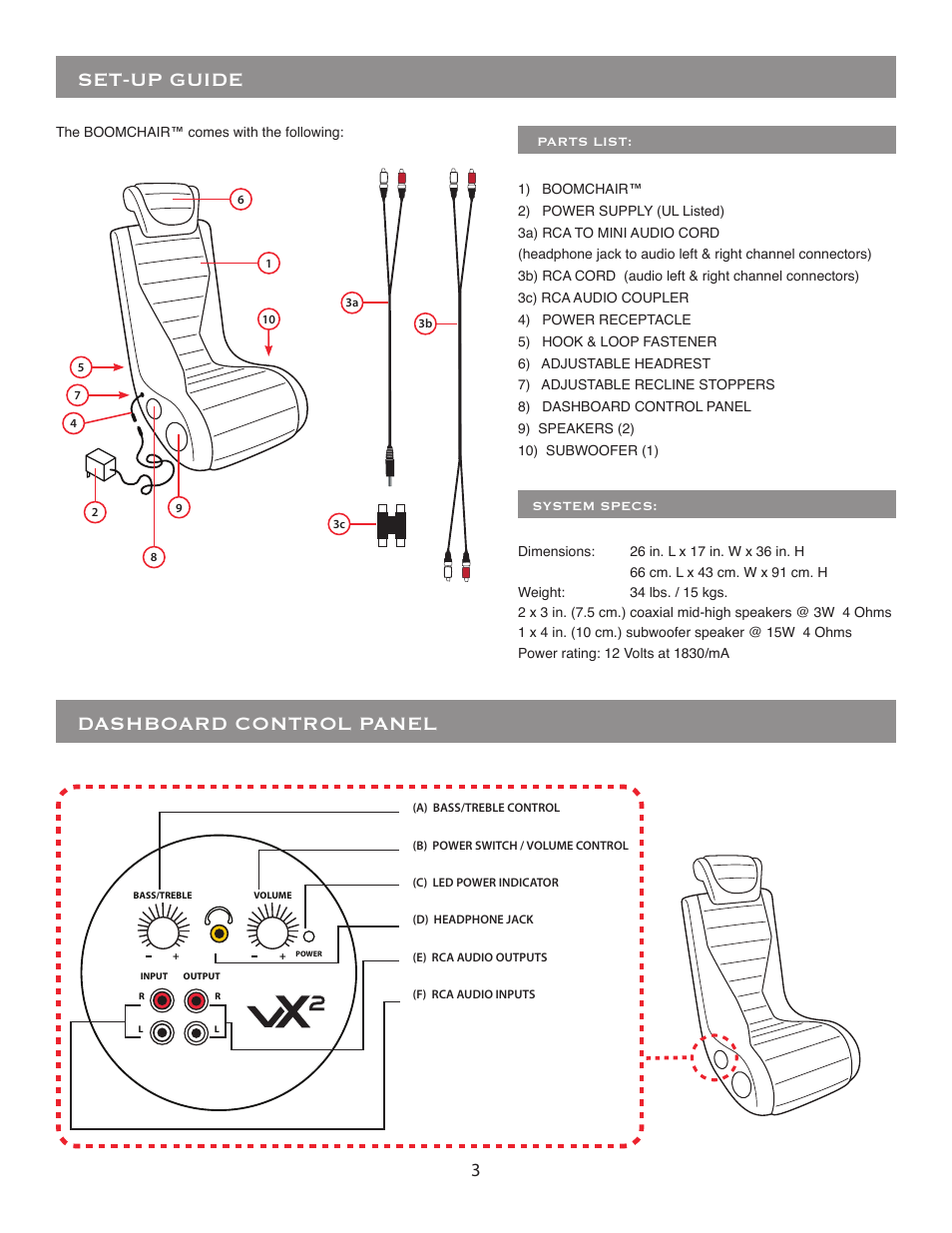 Set-up guide, Dashboard control panel | BoomChair VX2 User Manual | Page 3 / 8