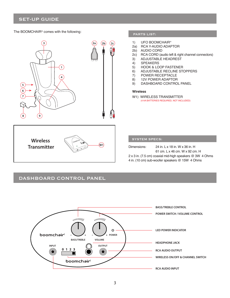Set-up guide dashboard control panel, Wireless transmitter | BoomChair UFO User Manual | Page 3 / 8
