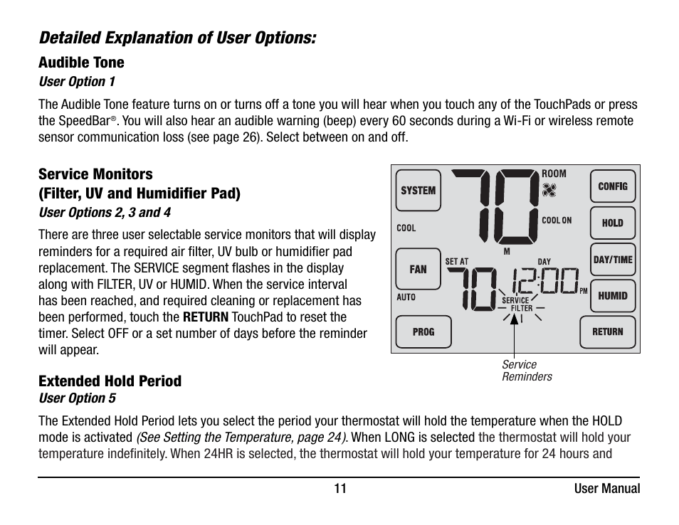 Detailed explanation of user options | Braeburn 7320 User Manual User Manual | Page 11 / 40