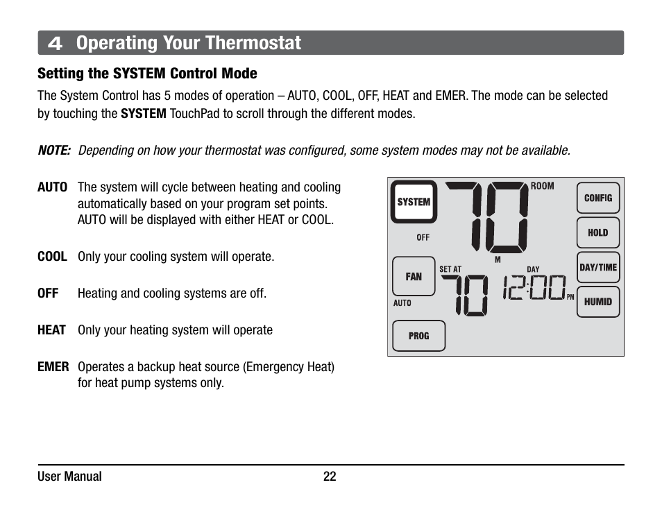 4 operating your thermostat | Braeburn 7320 User Manual User Manual | Page 22 / 40
