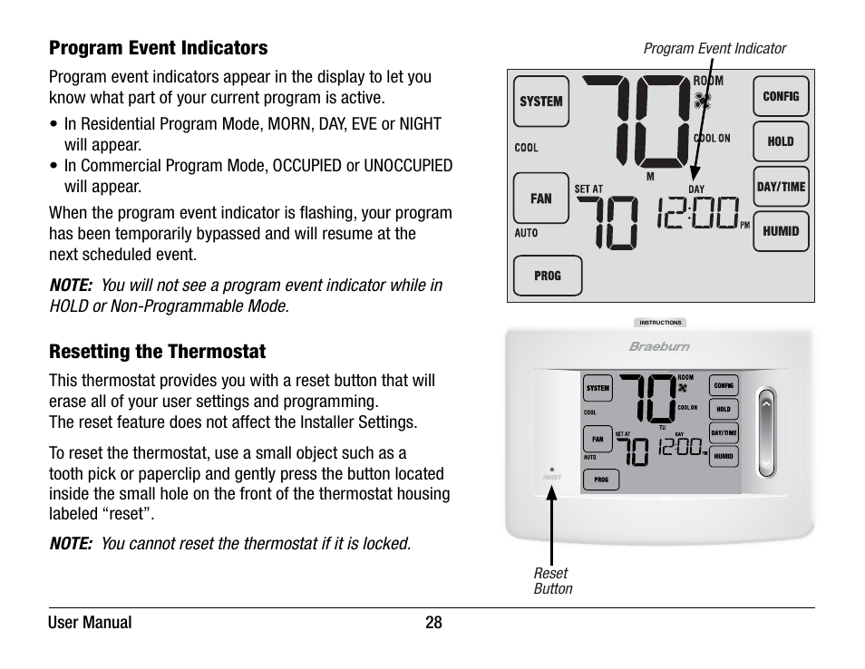 Program event indicators, Resetting the thermostat | Braeburn 7320 User Manual User Manual | Page 28 / 40