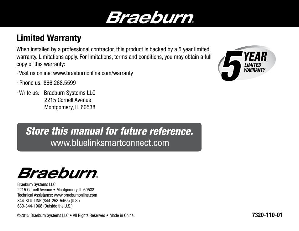 Year, Store this manual for future reference | Braeburn 7320 User Manual User Manual | Page 40 / 40