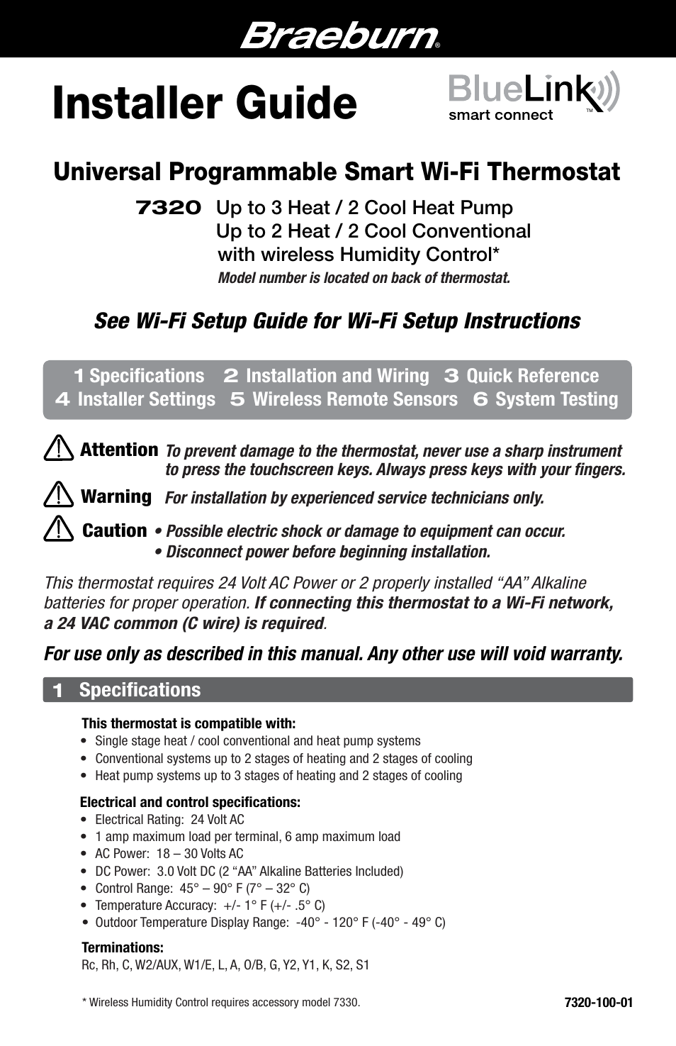 Braeburn 7320 Installer Guide User Manual | 16 pages