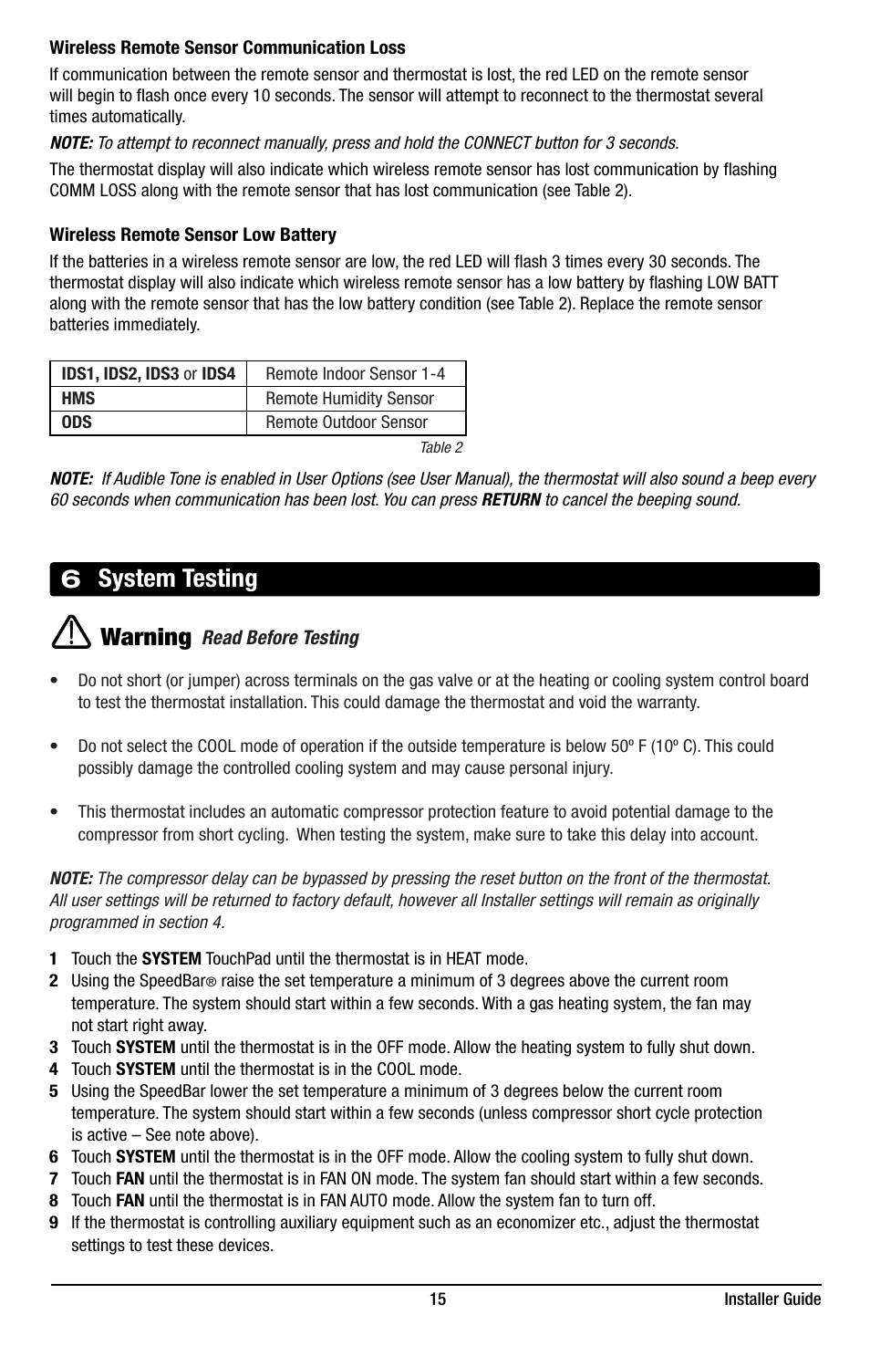 6 system testing, Warning | Braeburn 7320 Installer Guide User Manual | Page 15 / 16