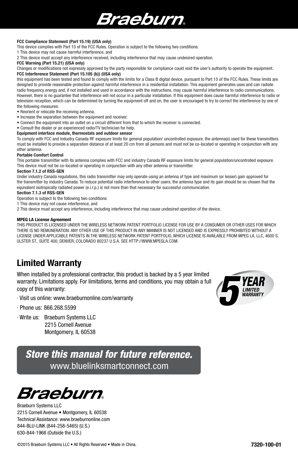 Year, Store this manual for future reference | Braeburn 7320 Installer Guide User Manual | Page 16 / 16