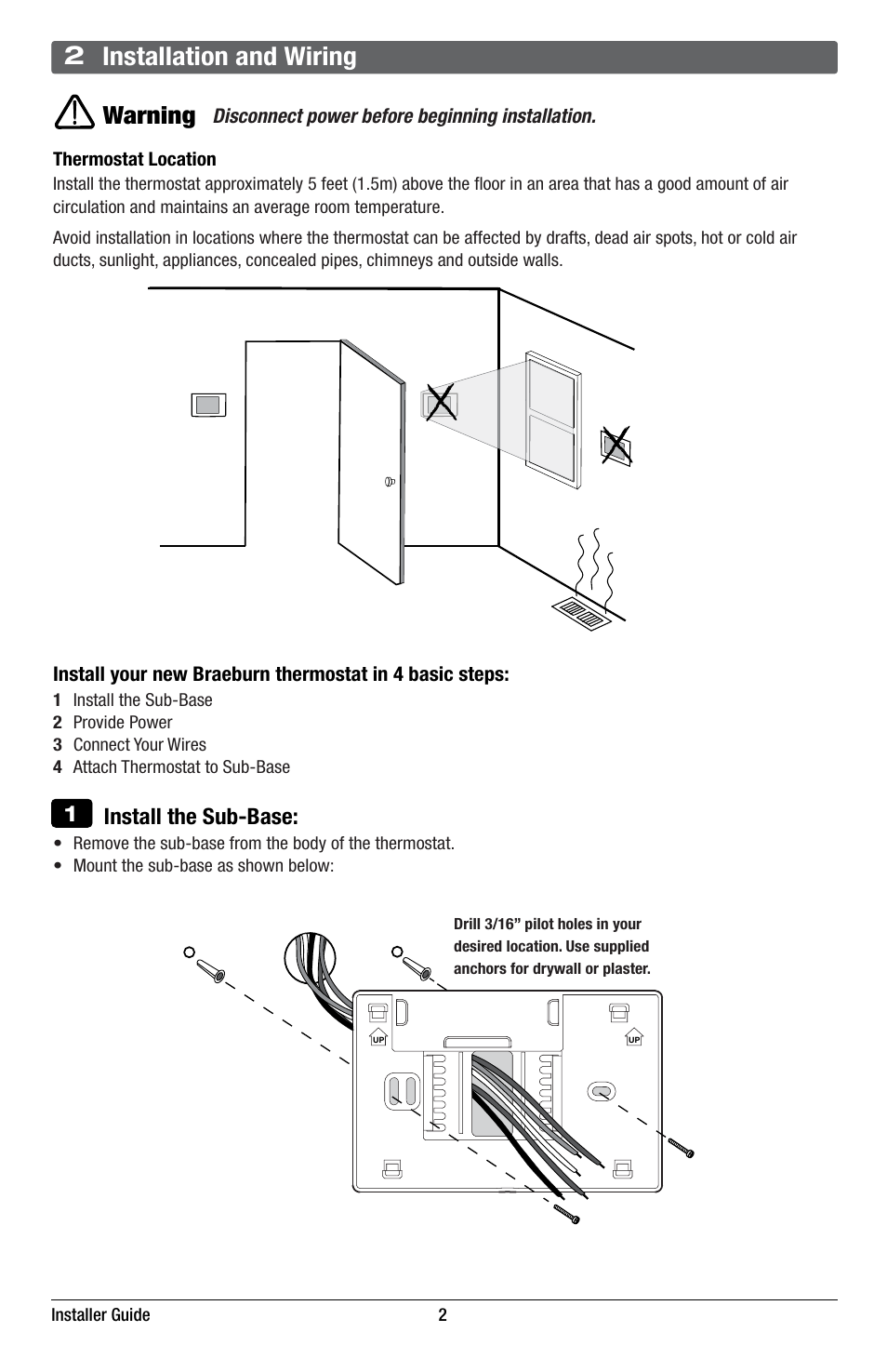 2 installation and wiring, Warning, Install the sub-base | Braeburn 7320 Installer Guide User Manual | Page 2 / 16