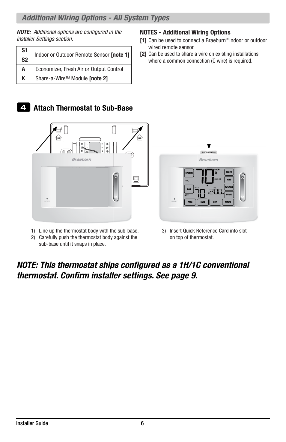 Additional wiring options - all system types, Attach thermostat to sub-base, Installer guide 6 | Kshare-a-wire, 1] can be used to connect a braeburn | Braeburn 7320 Installer Guide User Manual | Page 6 / 16