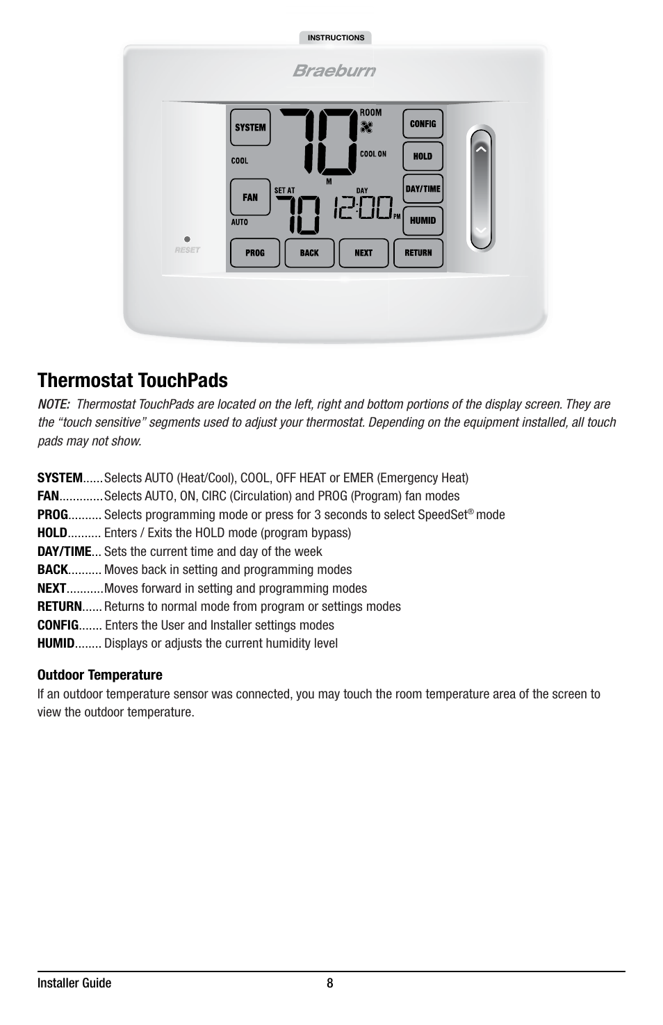 Thermostat touchpads | Braeburn 7320 Installer Guide User Manual | Page 8 / 16