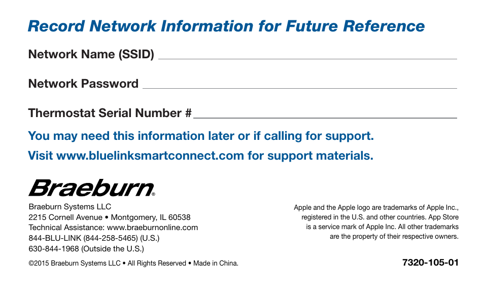 Record network information for future reference | Braeburn 7320 Startup Guide User Manual | Page 10 / 10