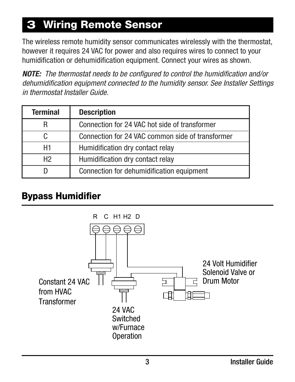 Wiring remote sensor, Bypass humidifier | Braeburn 7330 User Manual | Page 3 / 8