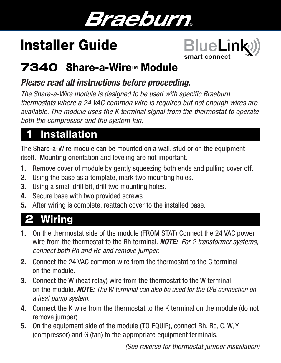 Braeburn 7340 User Manual | 2 pages